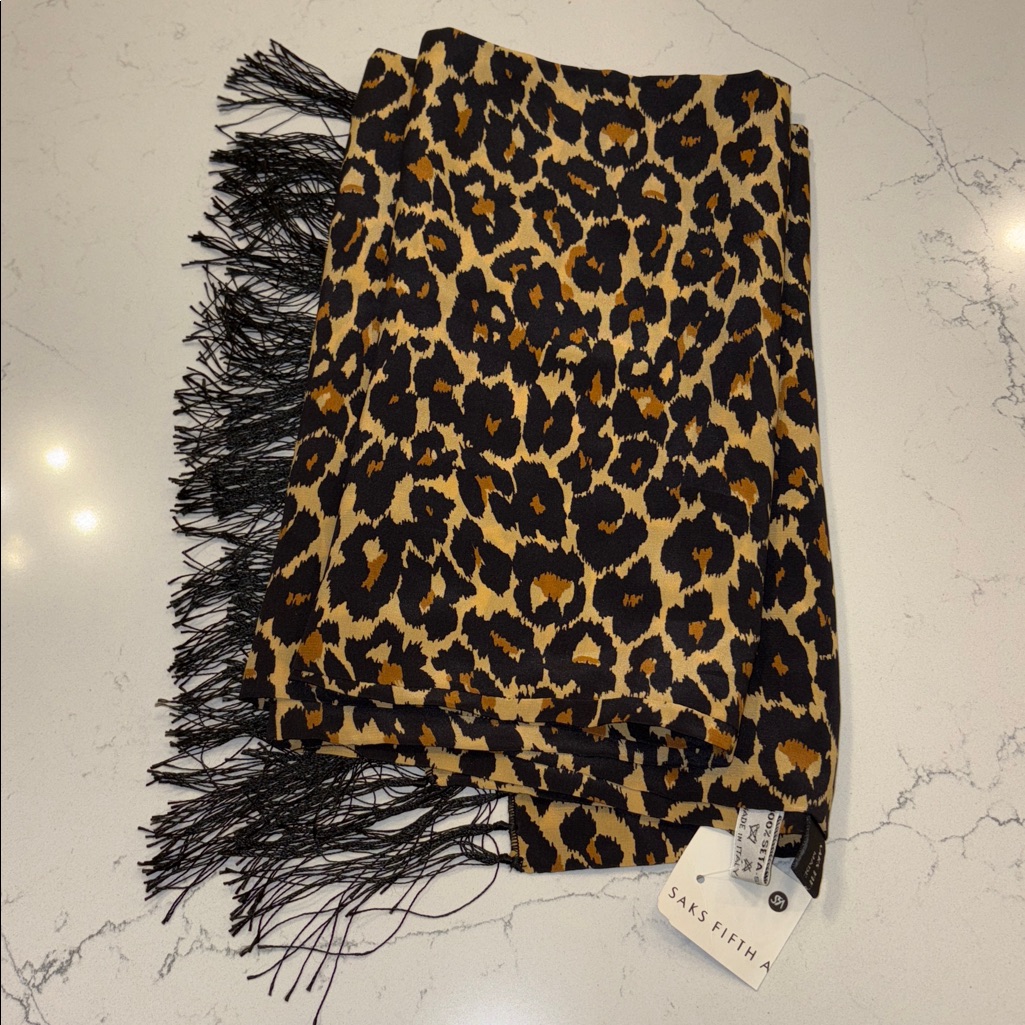 Nwt Saks Fifth Ave 100% Silk Made In Italy Leopard Print Scarf Large 64” X 11,5” — image 5 of 8
